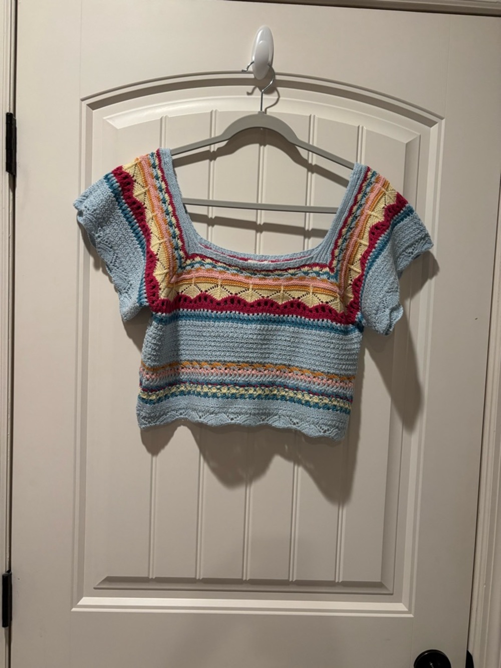 POL Light Blue Cropped Knit Top with Multicolor Yoke